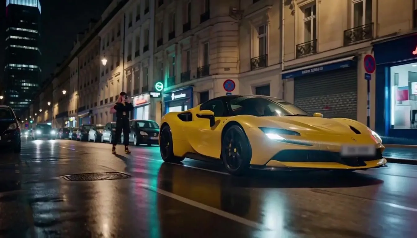 Rara photographie une Ferrari SF90 jaune qui passe dans une rue mouillée, la nuit