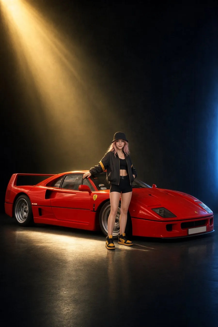Rara debout près d'une Ferrari F40 rouge, une main sur le toit