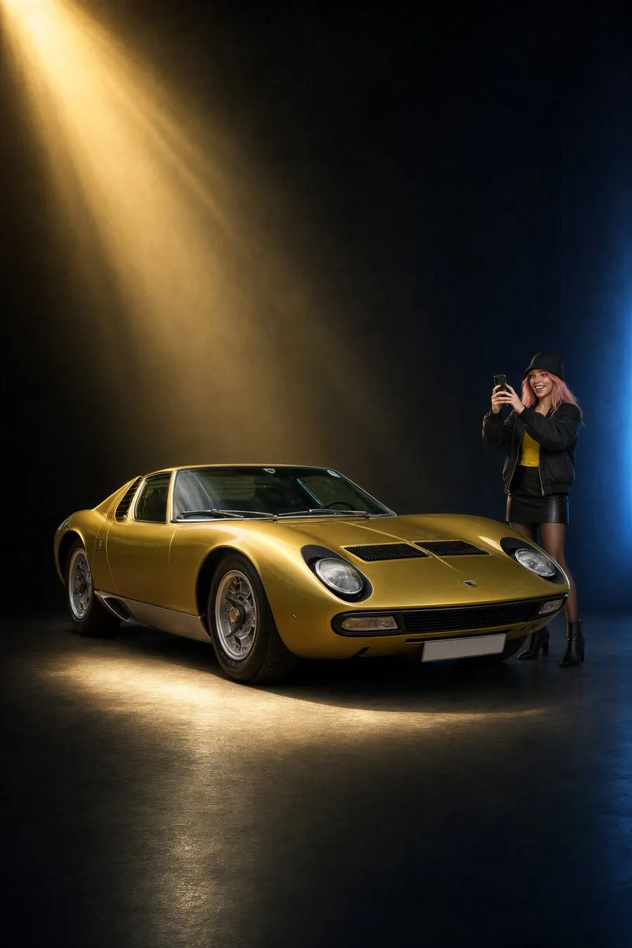 Rara photographie une Lamborghini Miura dorée avec son téléphone