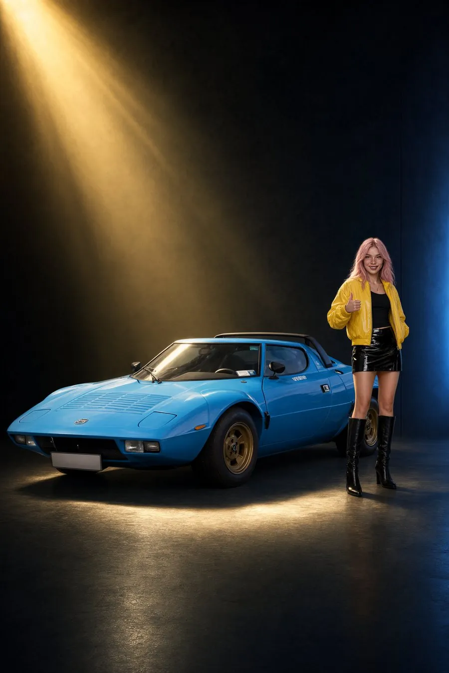 Rara lève le pouce à côté d'une Lancia Stratos HF bleue