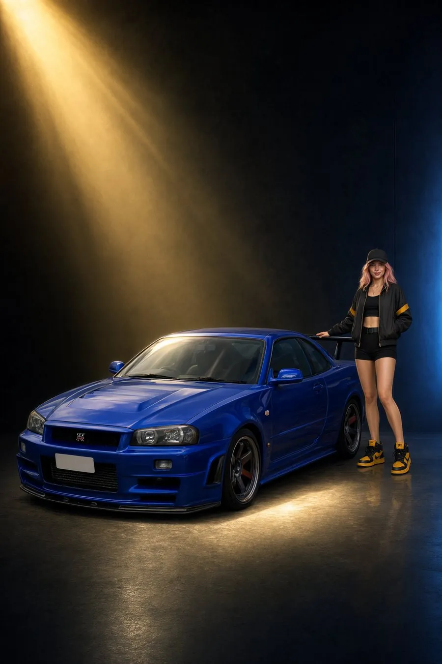 Rara, une main sur l'aileron d'une Nissan Skyline GT-R R34 bleue